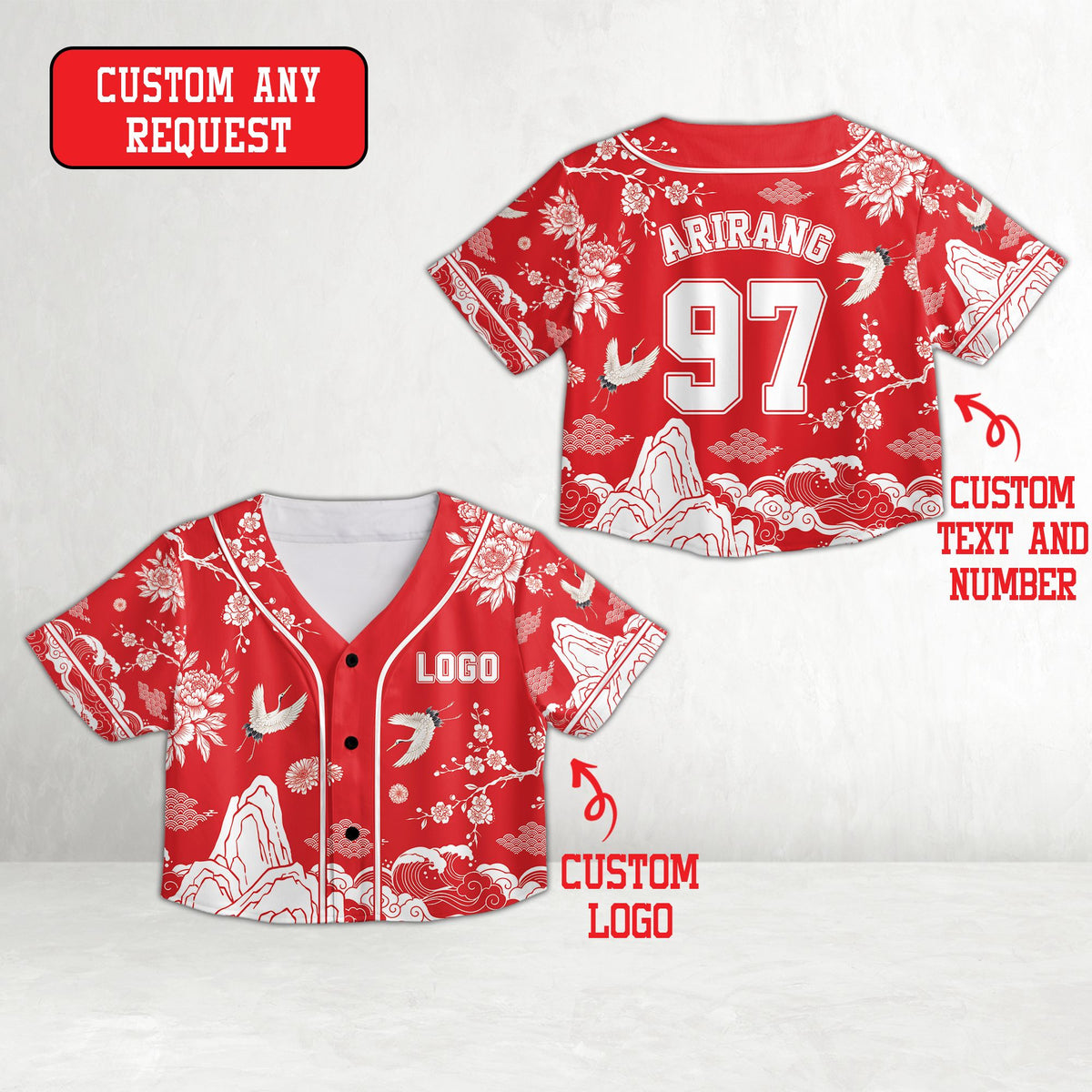 Personalized asian motif baseball jersey in red, front view