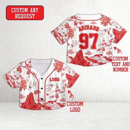Personalized asian motif baseball jersey in white, front view