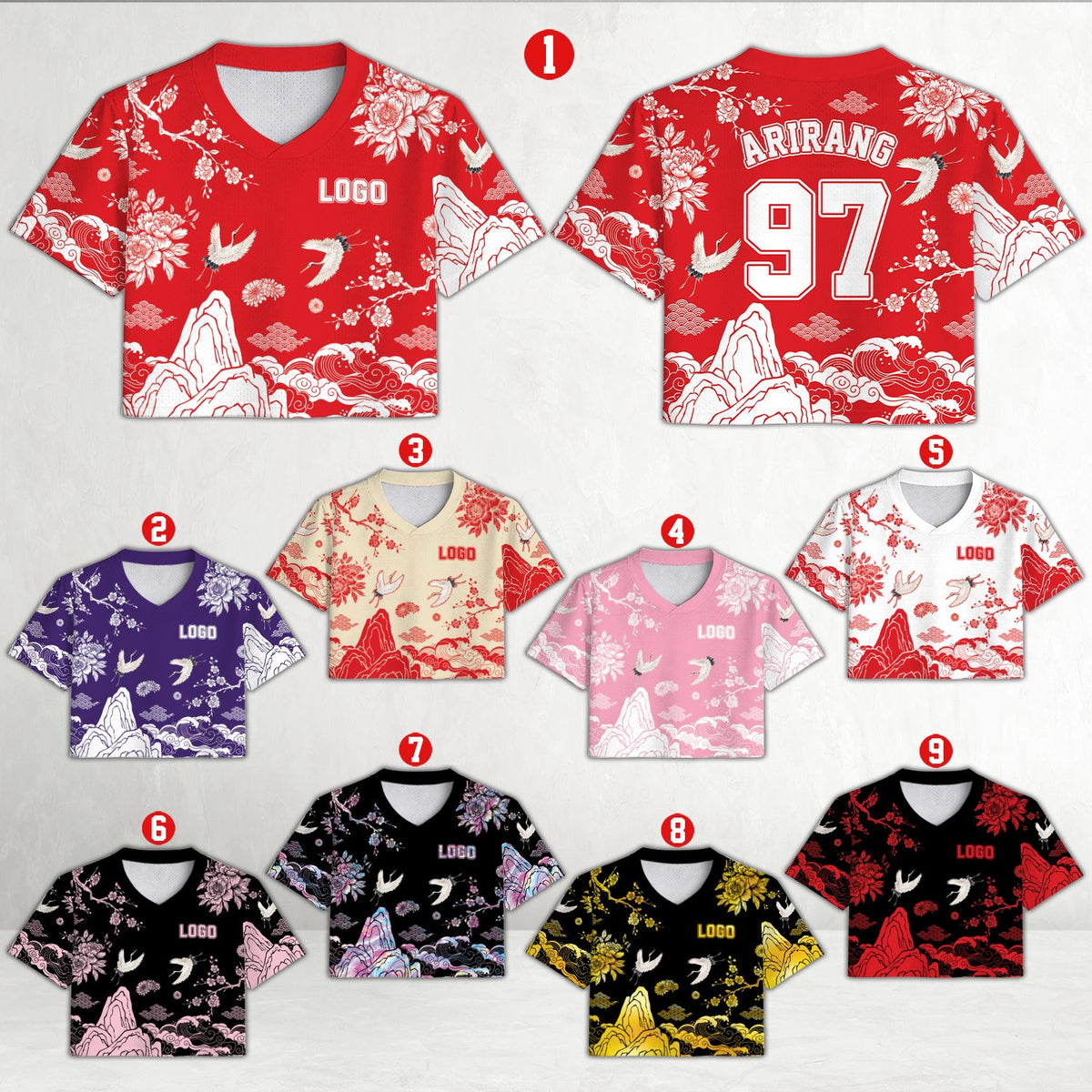Front view of the multicolor asian traditional baseball jersey
