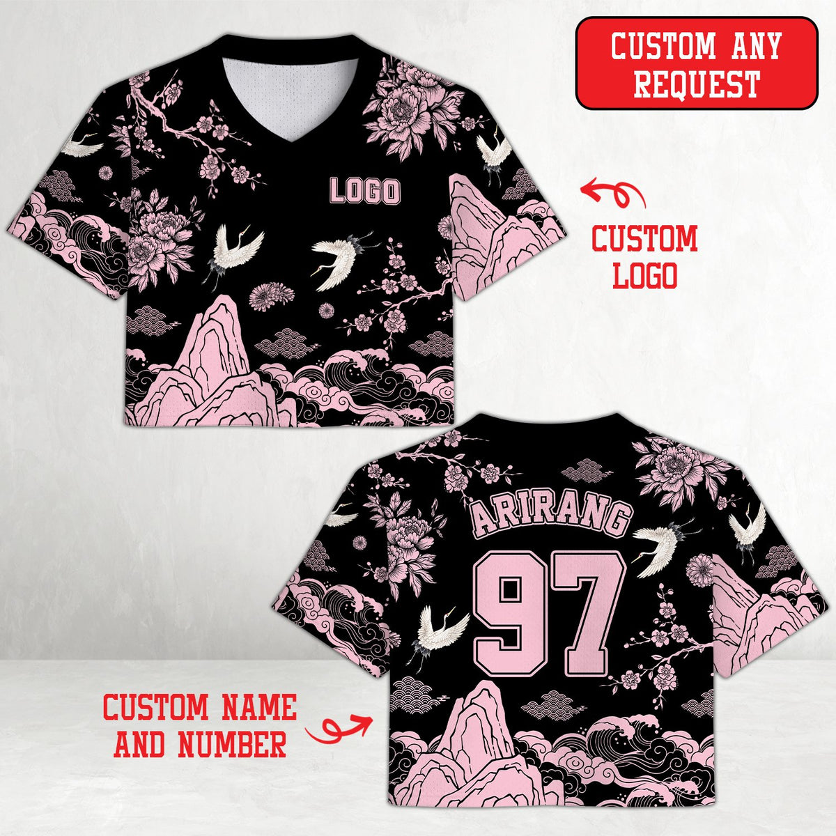Front view displaying the asian inspired pattern on the baseball jersey