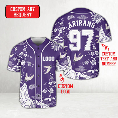 Purple personalized baseball jersey with custom name and number, Asian traditional style, front view