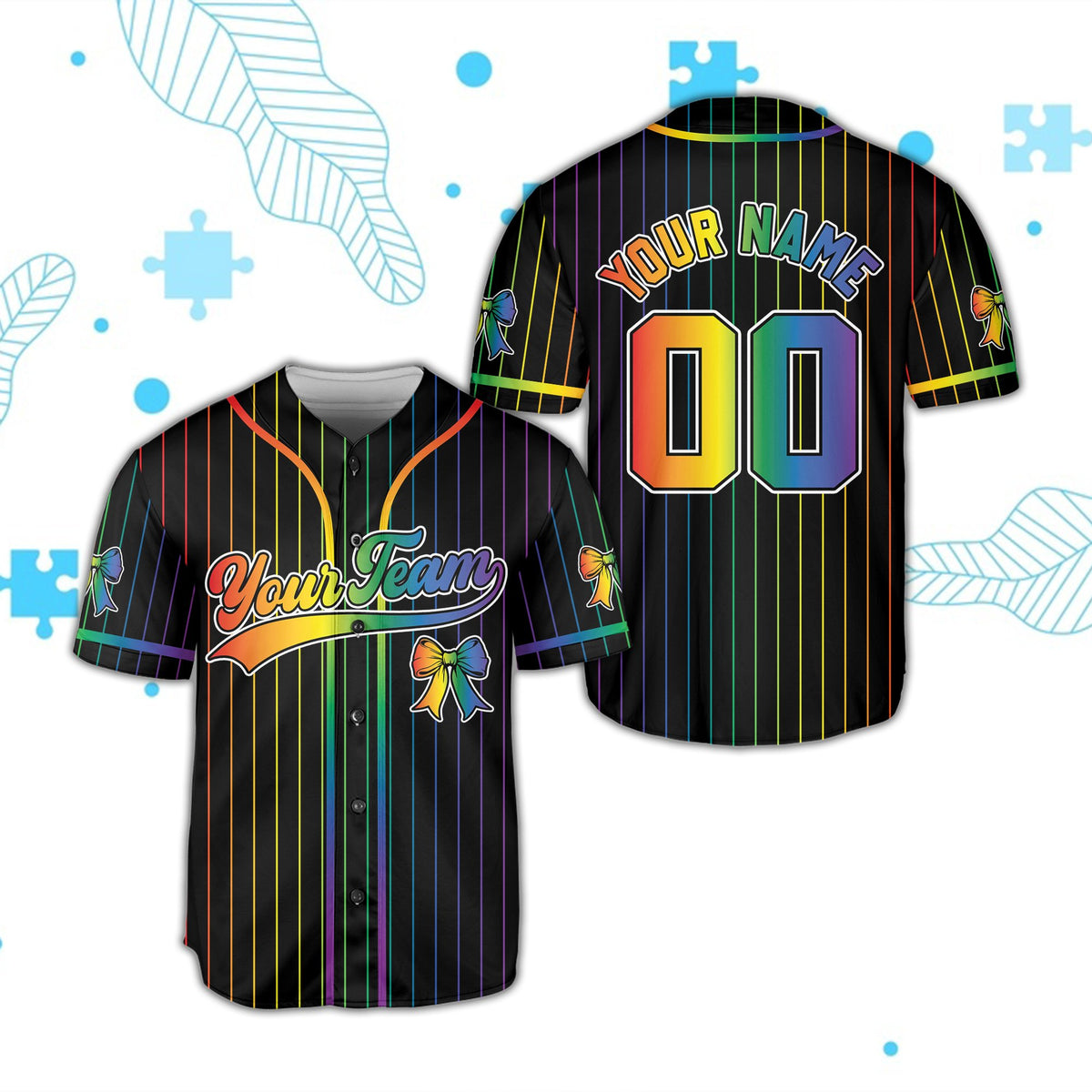 Black personalized awareness baseball jersey with autism awareness rainbow pinstripes, front view