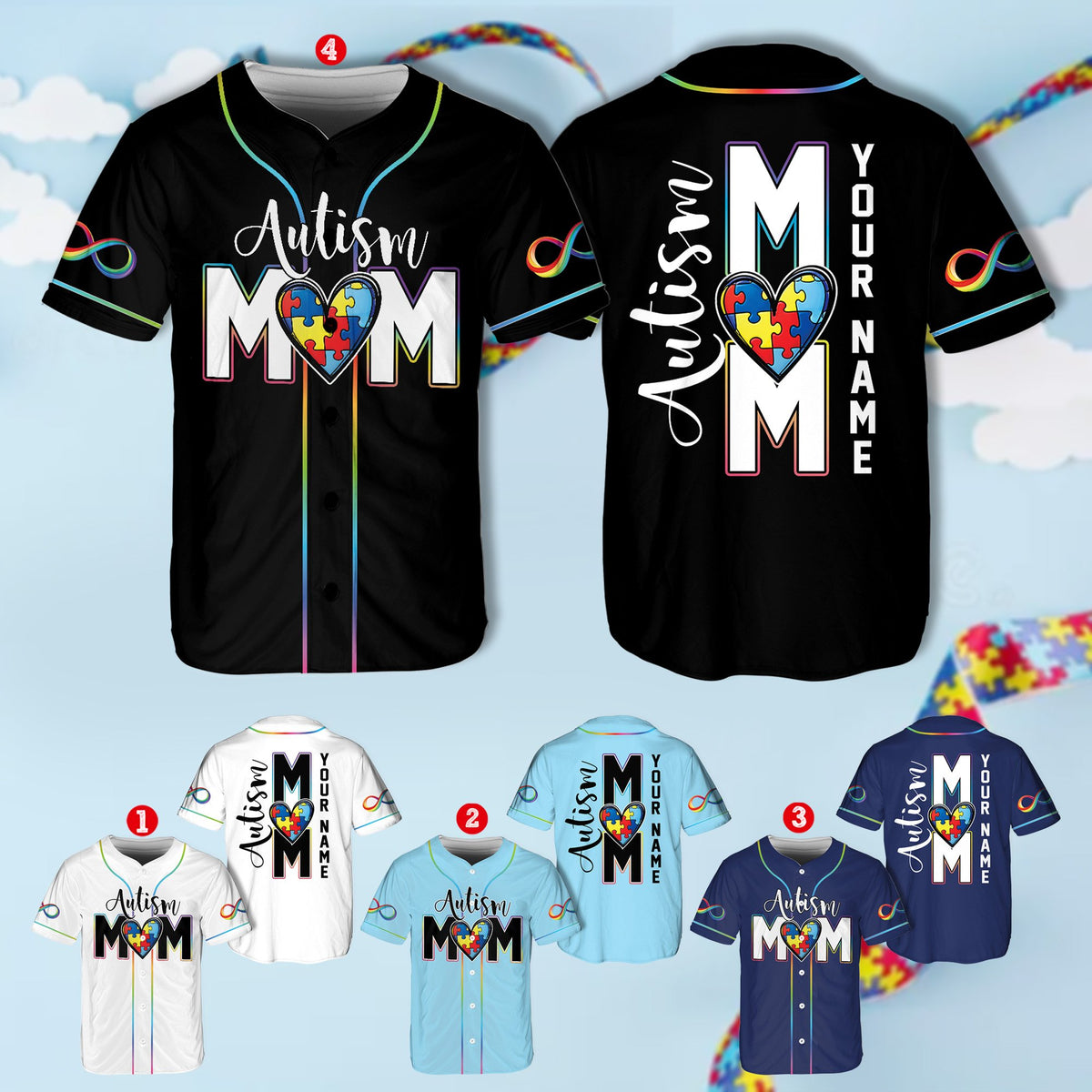 Black personalized autism awareness baseball jersey angled front view