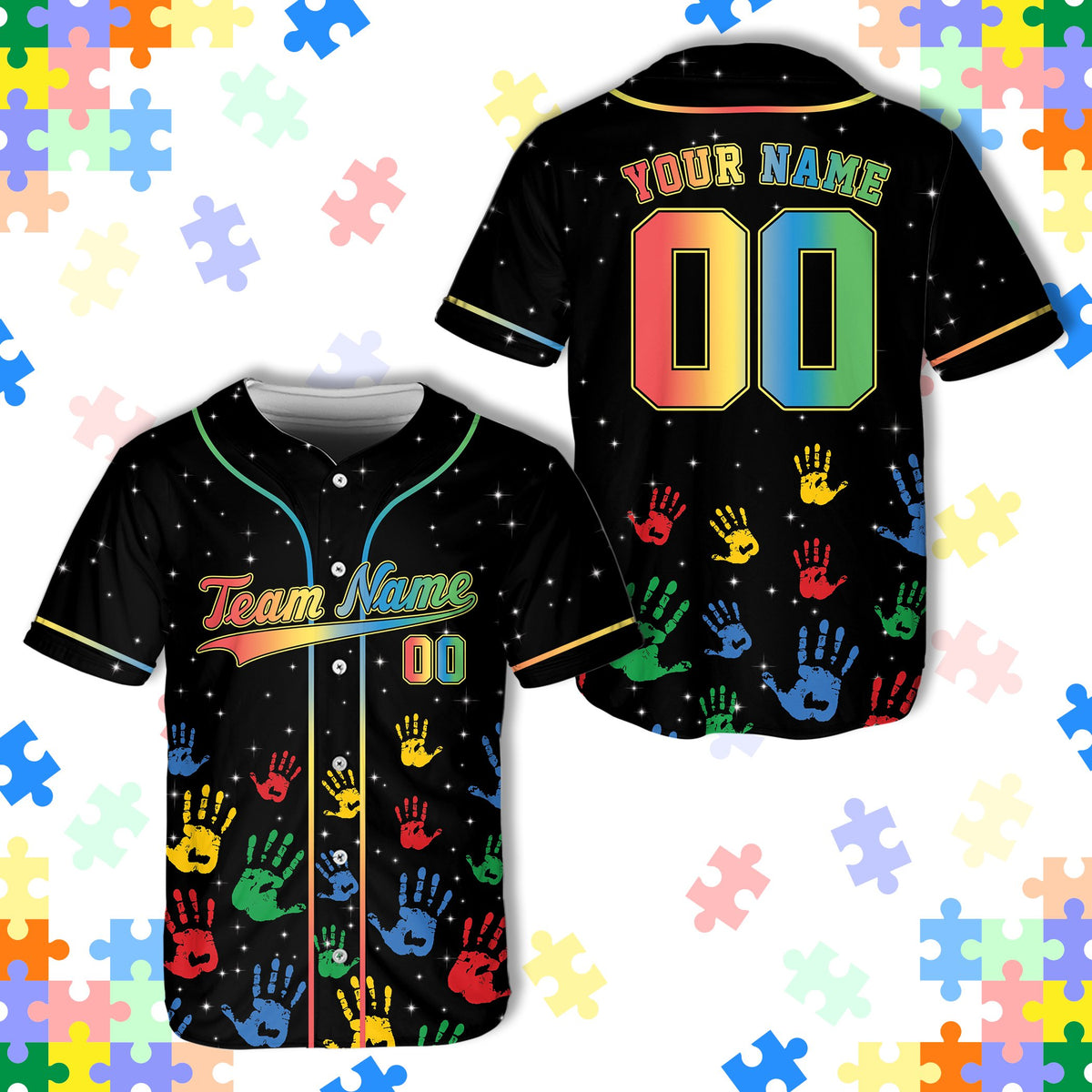 Personalized black autism awareness baseball jersey with colorful puzzle pieces and custom name and number, front view