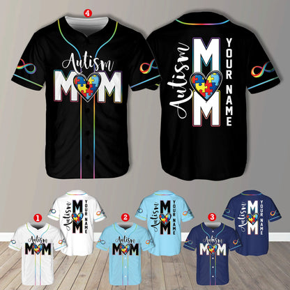 Black personalized autism awareness baseball jersey showing rainbow infinity symbol on sleeve