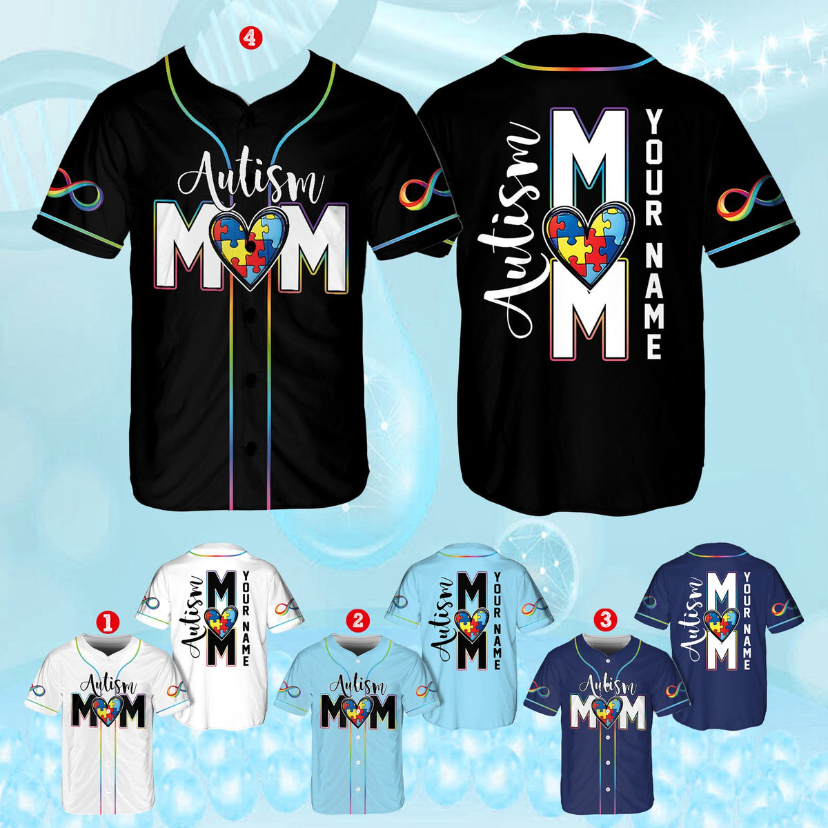 Black personalized autism awareness baseball jersey close up front detail