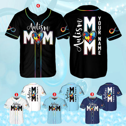 Black personalized autism awareness baseball jersey close up front detail
