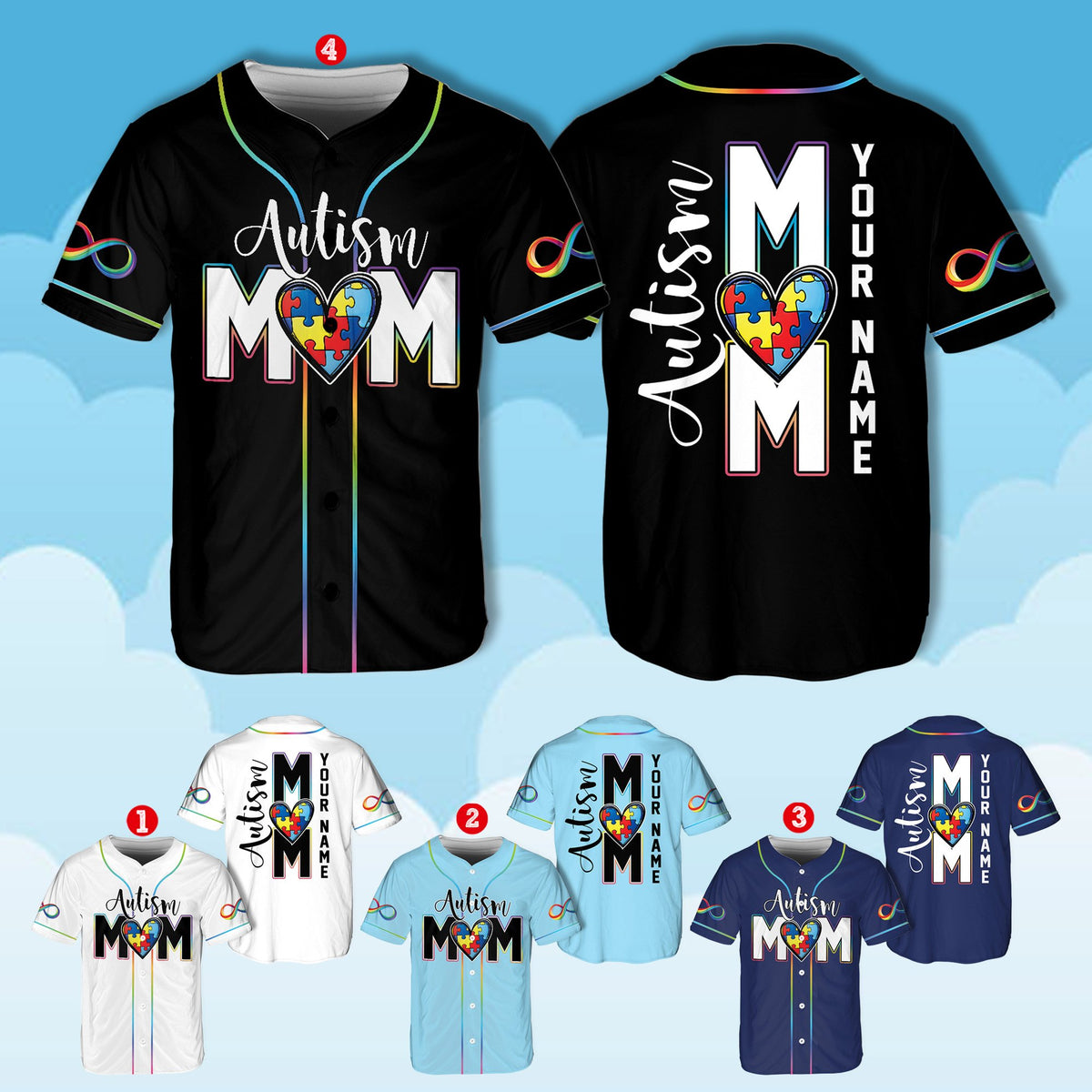 Black personalized autism awareness baseball jersey with Autism MOM puzzle heart design, front view