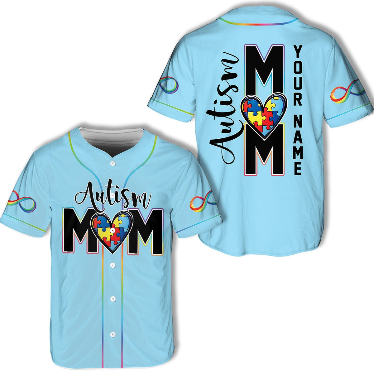 Light Blue personalized autism awareness baseball jersey front view