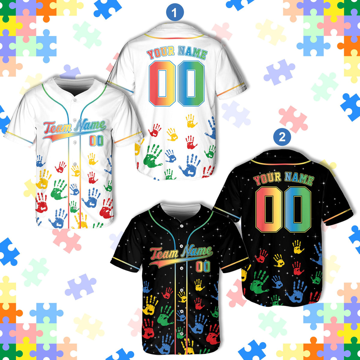 Front view of the custom autism awareness baseball jersey showing vibrant handprints and abstract design
