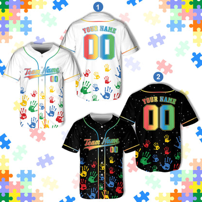 Front view of the custom autism awareness baseball jersey showing vibrant handprints and abstract design