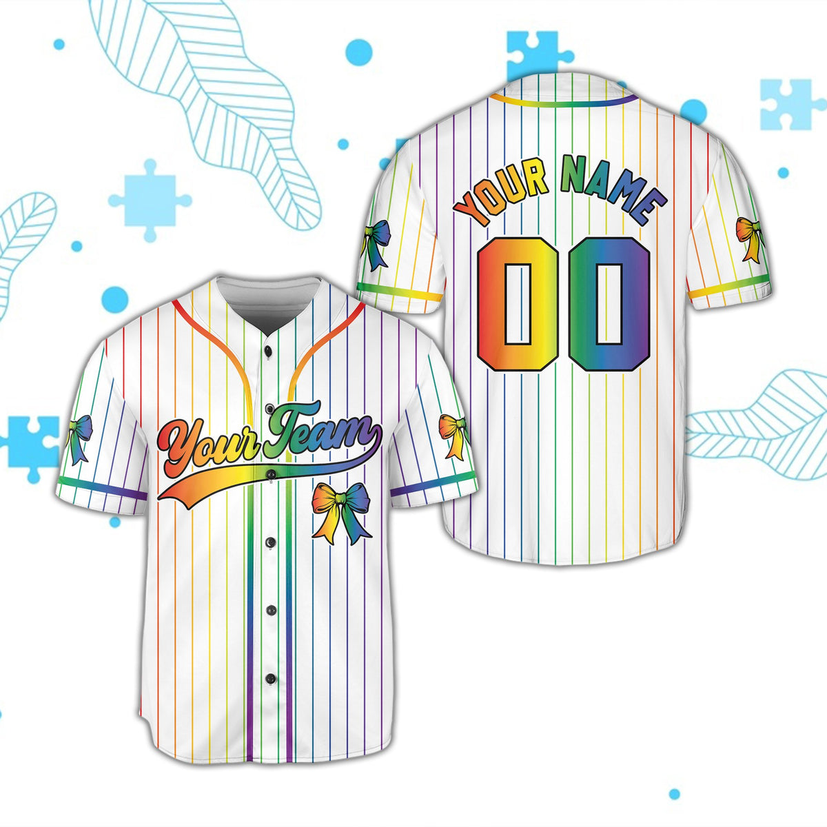 White personalized baseball jersey showing rainbow gradient text and infinity symbol