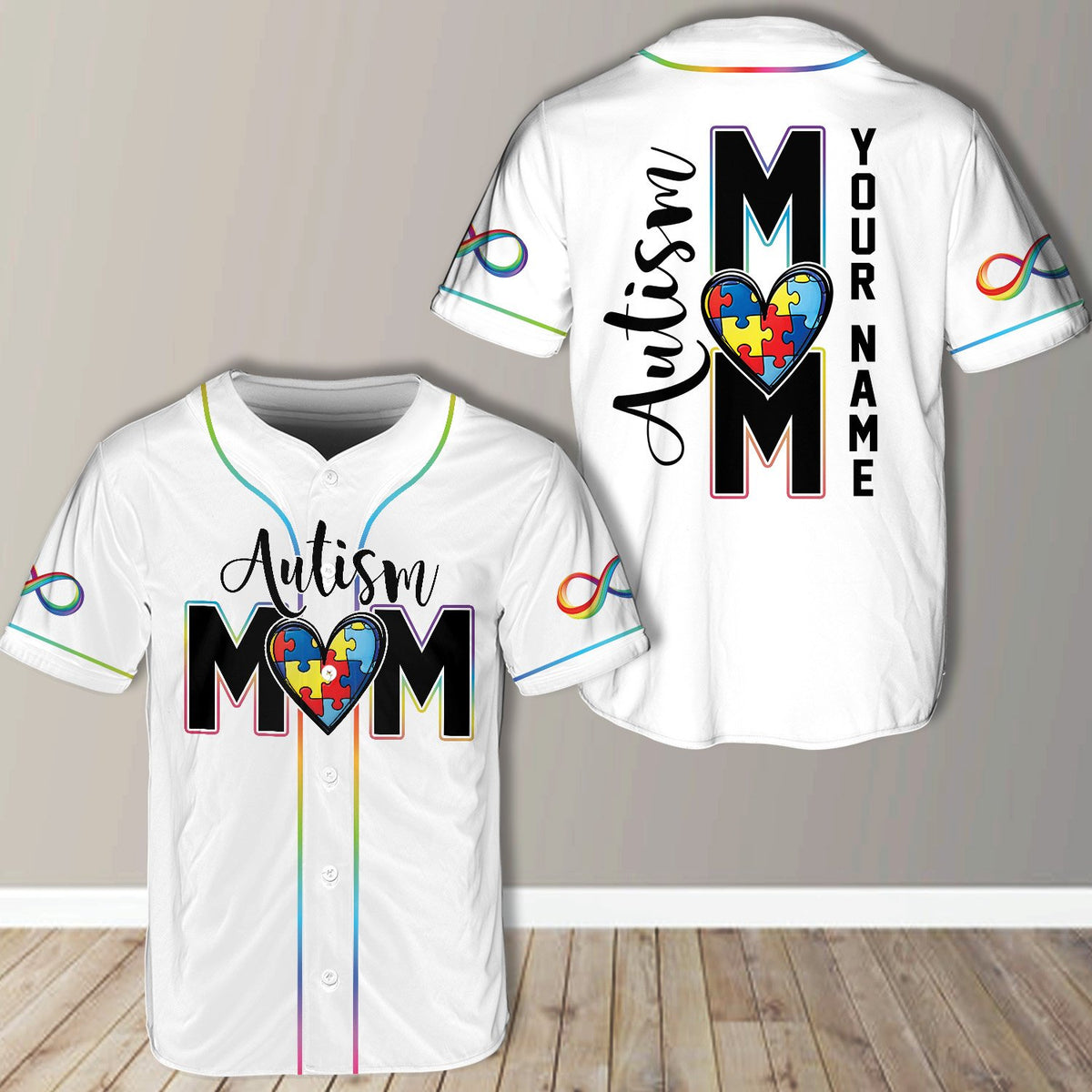 White personalized autism awareness baseball jersey front view