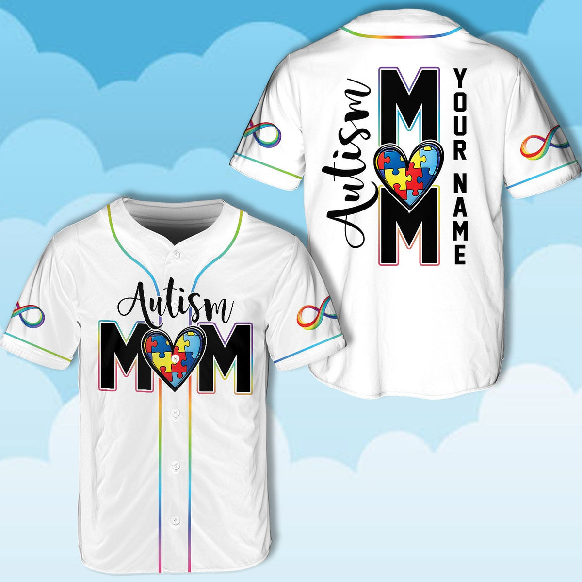 White personalized autism awareness baseball jersey angled front view