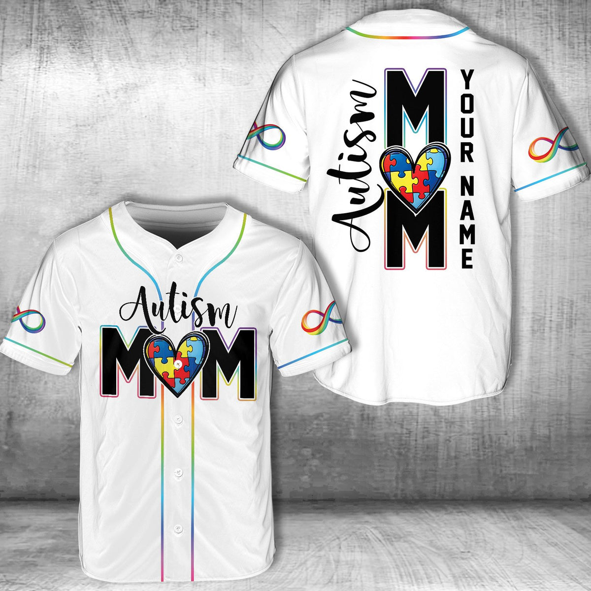White personalized autism awareness baseball jersey detail shot