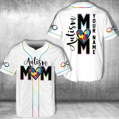White personalized autism awareness baseball jersey detail shot