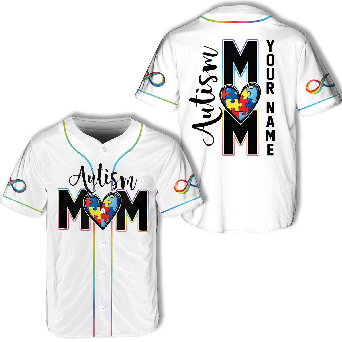 White personalized autism awareness baseball jersey with Autism MOM puzzle heart design and custom name, main view