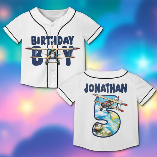White aviation baseball jersey with vintage airplane birthday design, front view