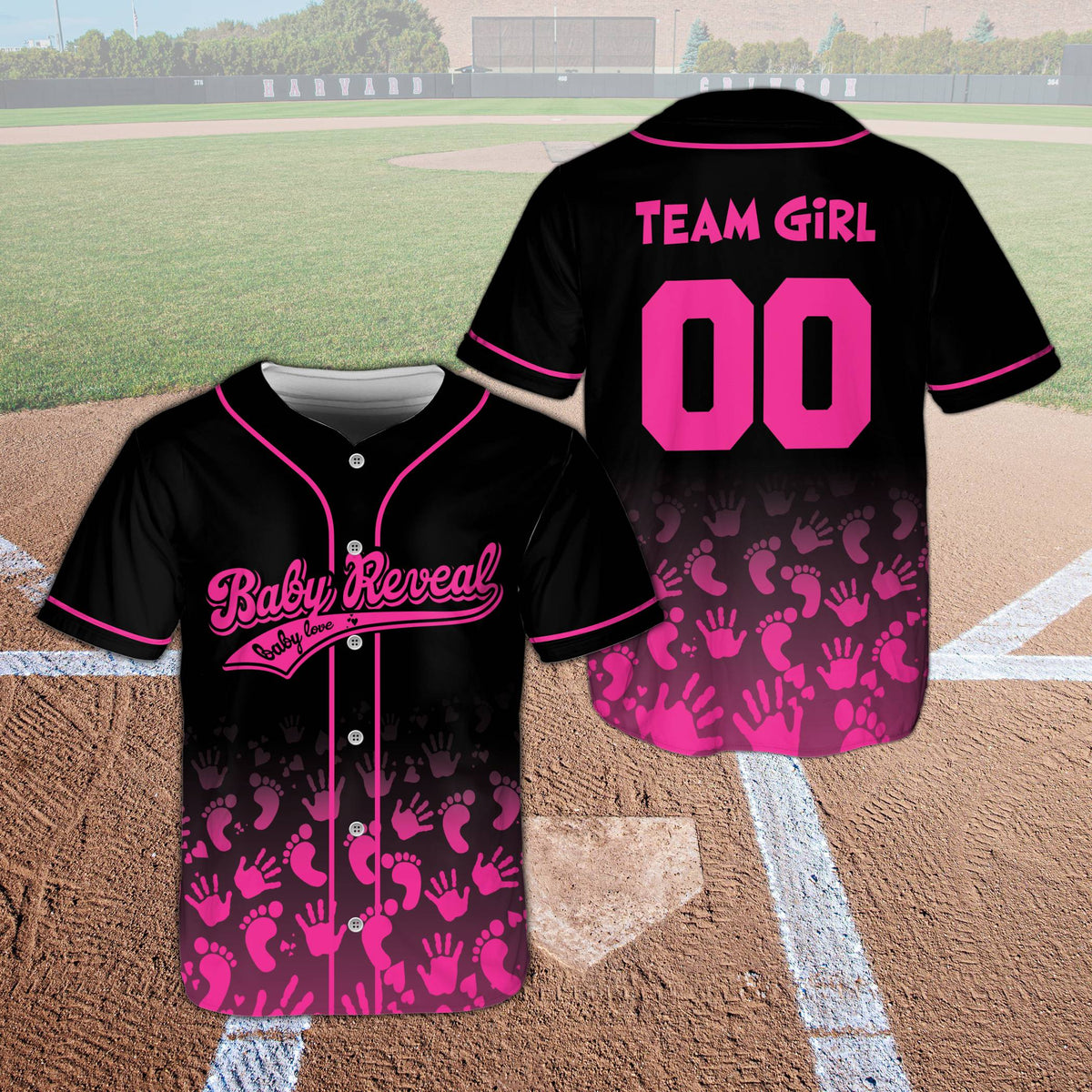 Personalized reveal baseball jersey showing custom name and number on a black background, alternate front view