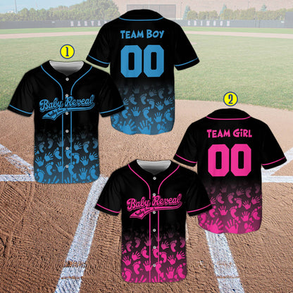 Detail view of the black baseball jersey with blue and pink baby footprints and handprints