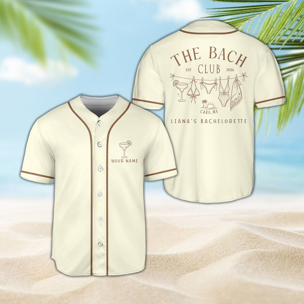 Front view of beige bachelorette baseball jersey with custom name
