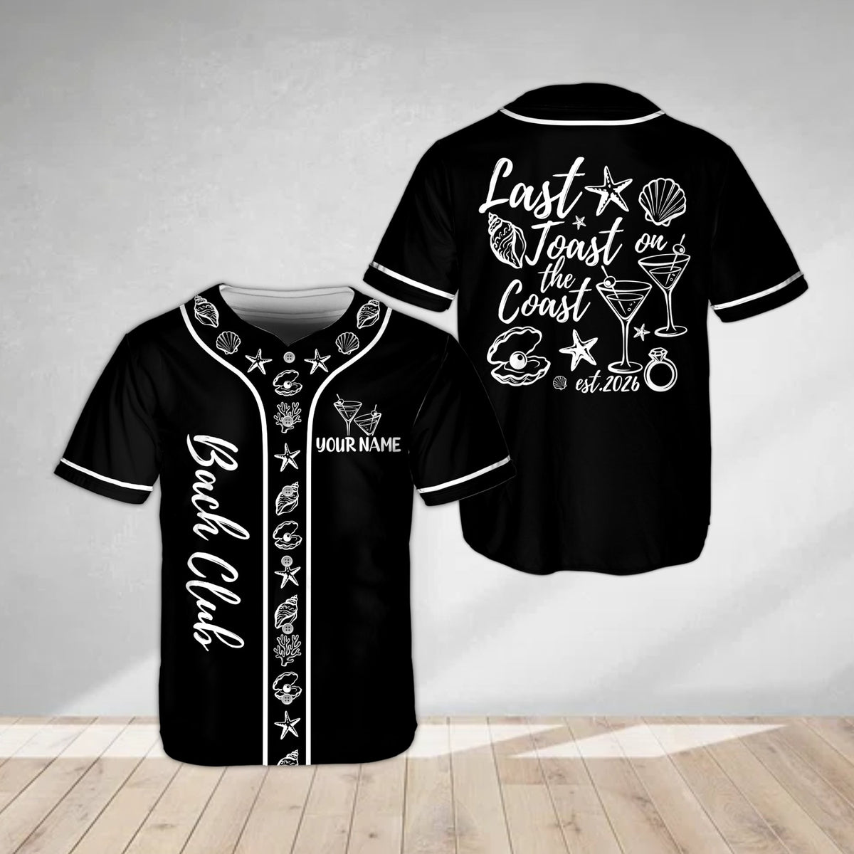 Black personalized baseball jersey with custom name, front view