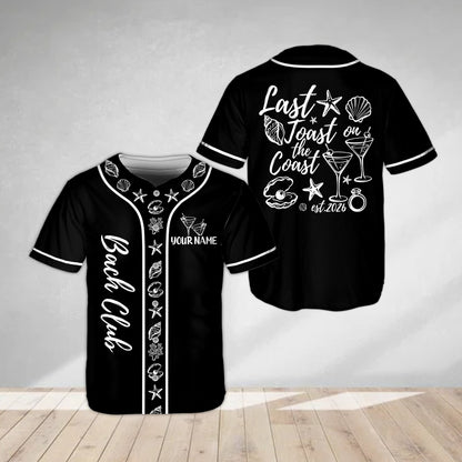 Black personalized baseball jersey with custom name, front view