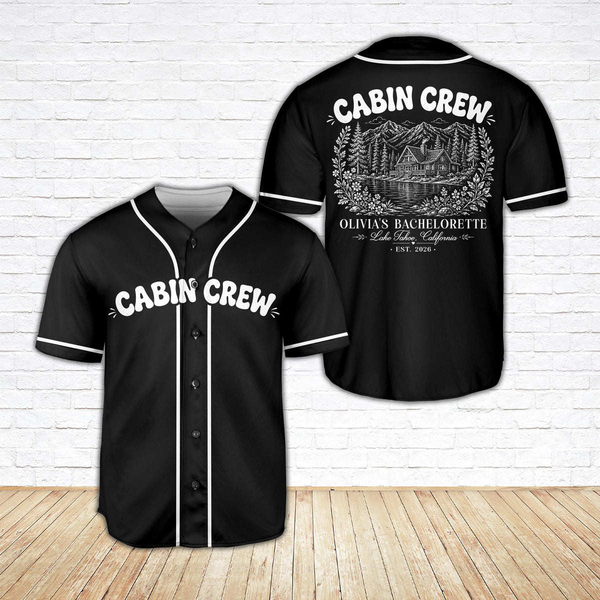 Black bachelorette baseball jersey featuring Cabin Crew design and custom text, main view