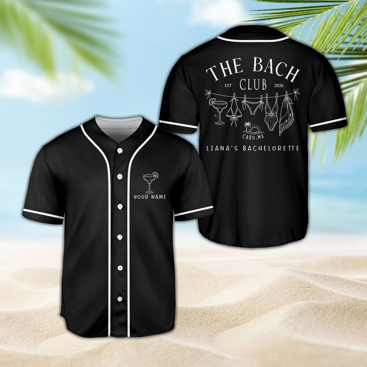 Front view of black bachelorette baseball jersey with custom name
