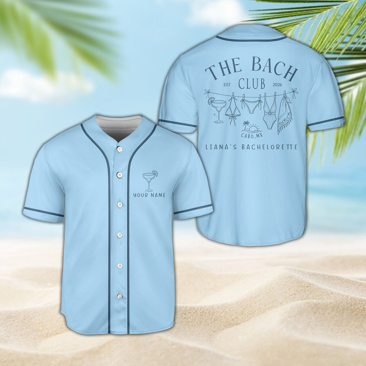 Front view of blue bachelorette baseball jersey with custom name