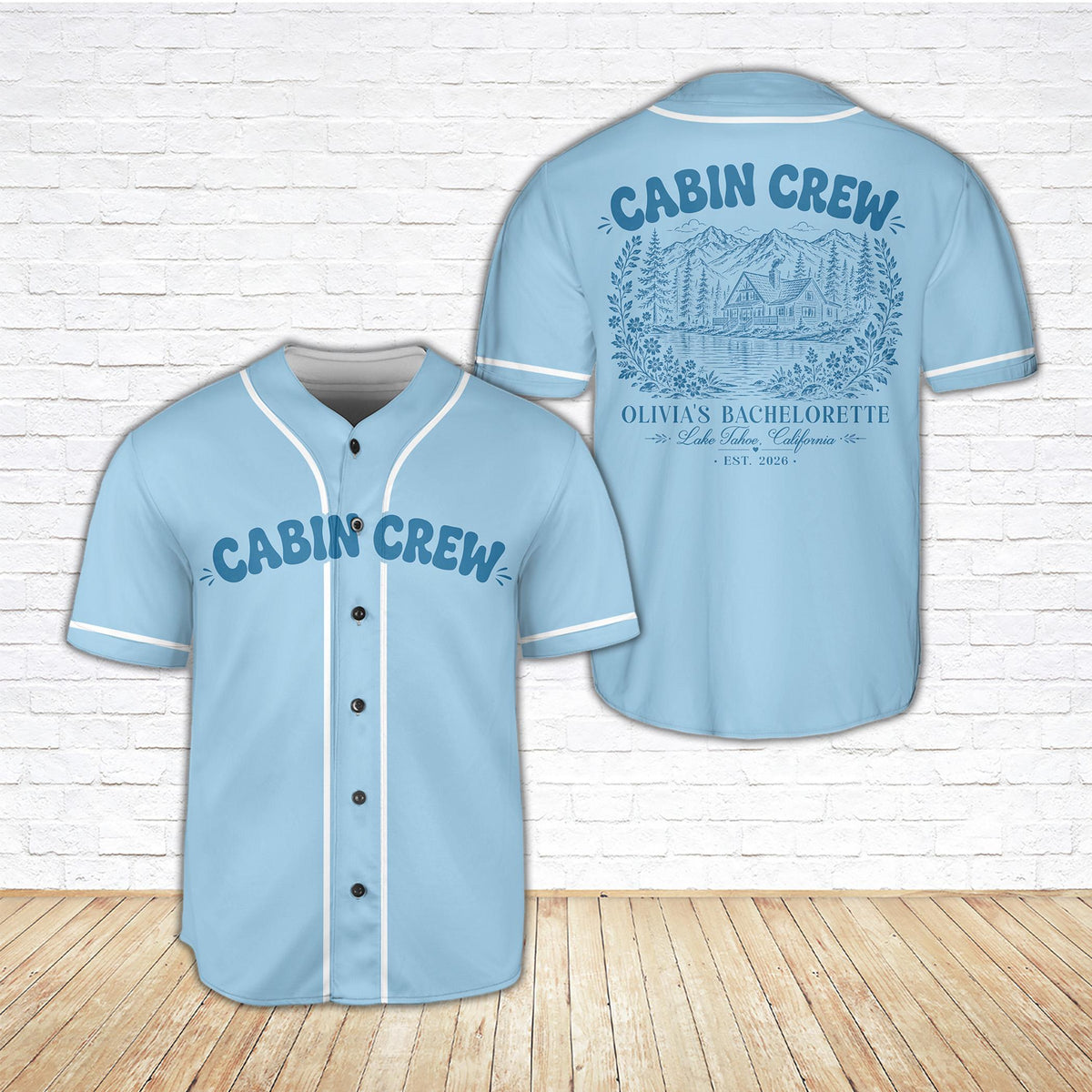 Light blue custom baseball jersey with Cabin Crew theme, front view