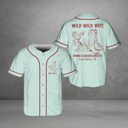 Blue bachelorette baseball jersey with custom text front view