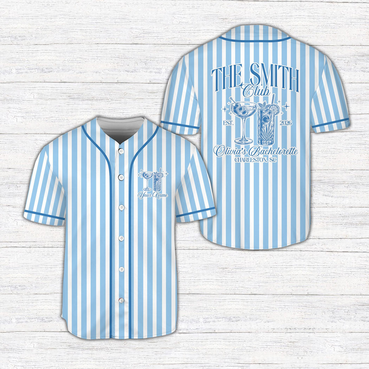 Blue custom bachelorette baseball jersey, front view