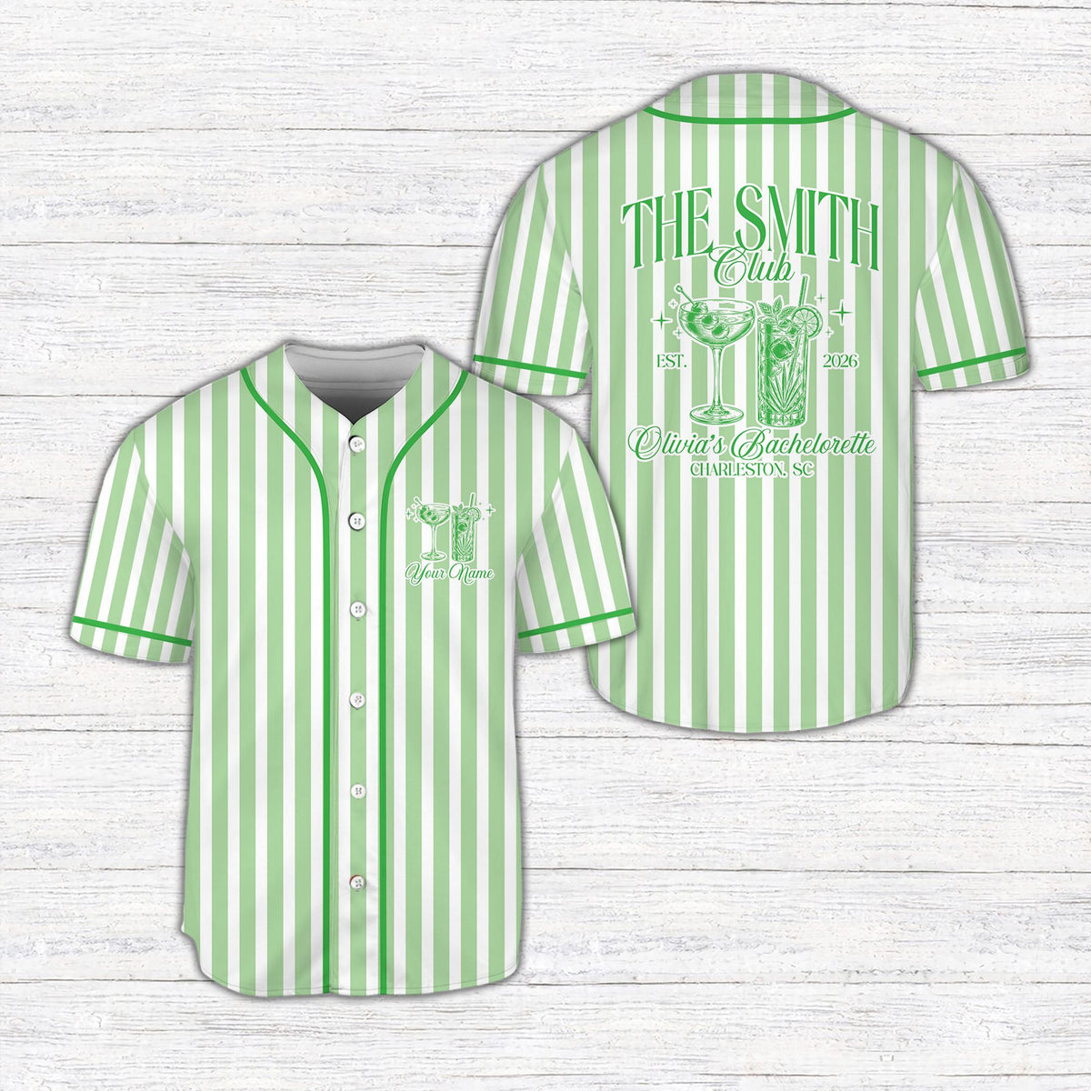 Green custom text baseball jersey for bachelorette party, front view