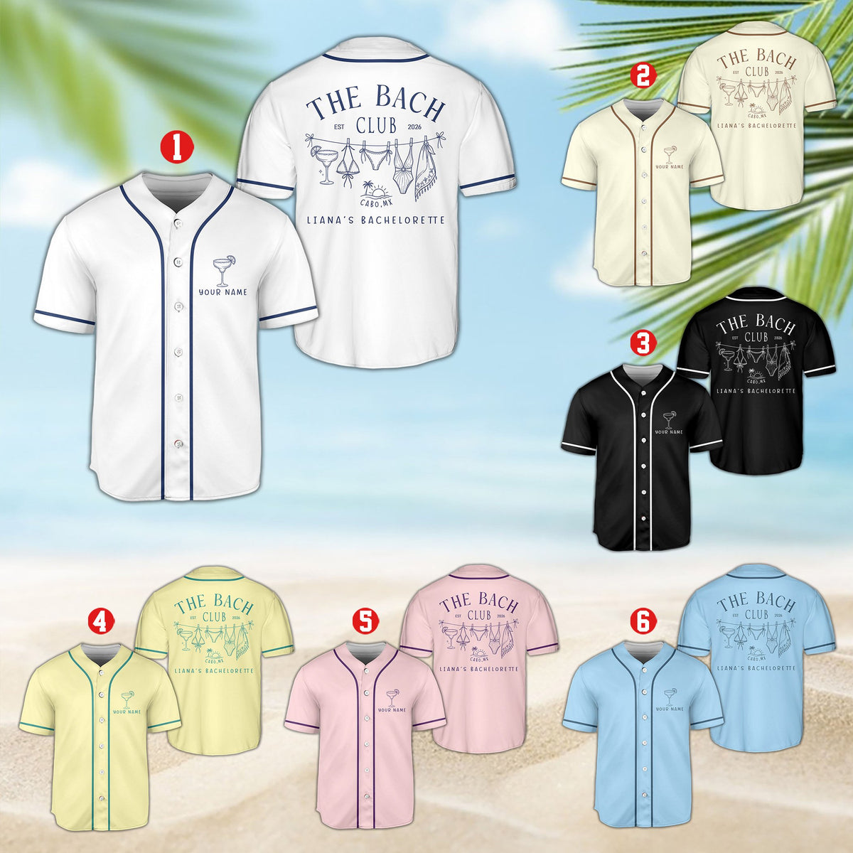 Front view of multicolor bachelorette baseball jersey with custom name
