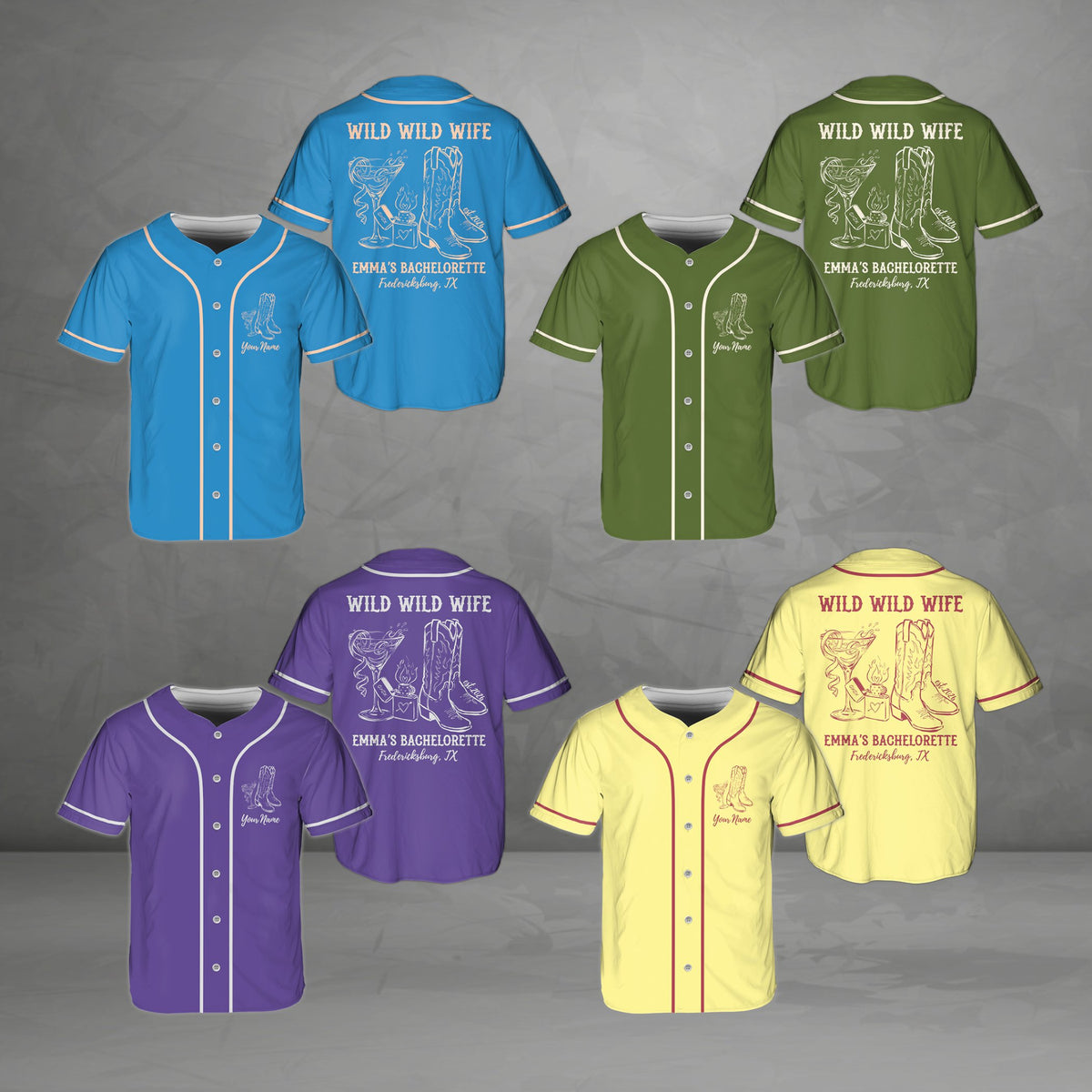 Multicolor bachelorette baseball jersey with custom text front view variant two