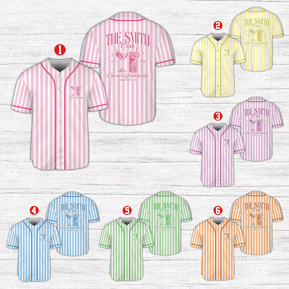 Multicolor striped custom bachelorette baseball jersey, front view