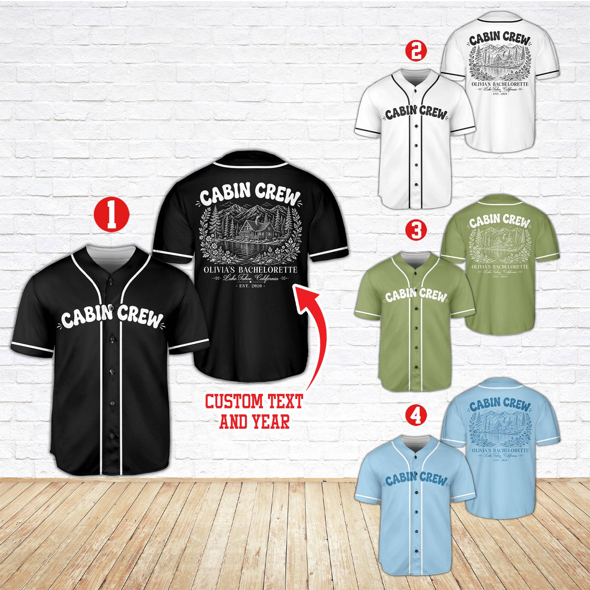 Multicolor bachelorette custom text baseball jersey, front view