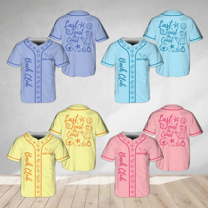 Multicolor view of bachelorette baseball jersey showcasing beach motifs