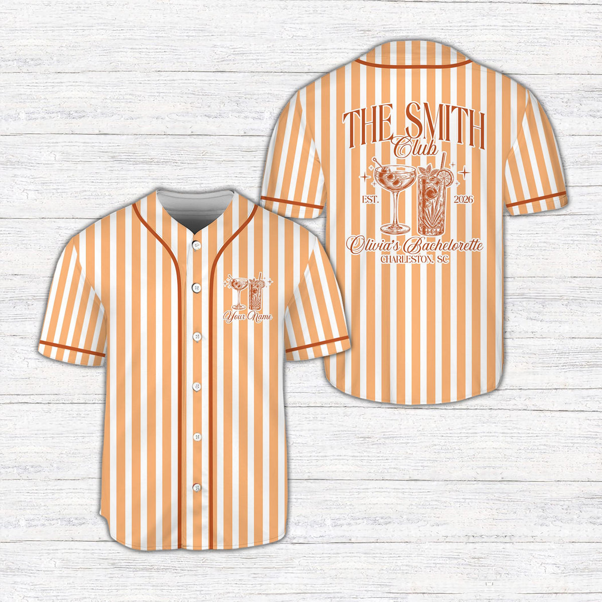 Orange personalized bachelorette baseball jersey, front view