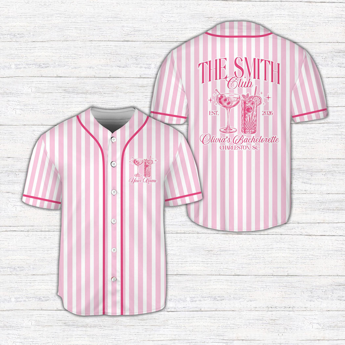 Personalized pink bachelorette baseball jersey with custom text, front view