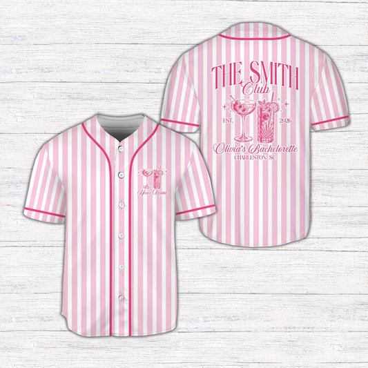 Personalized pink bachelorette baseball jersey with custom text, front view