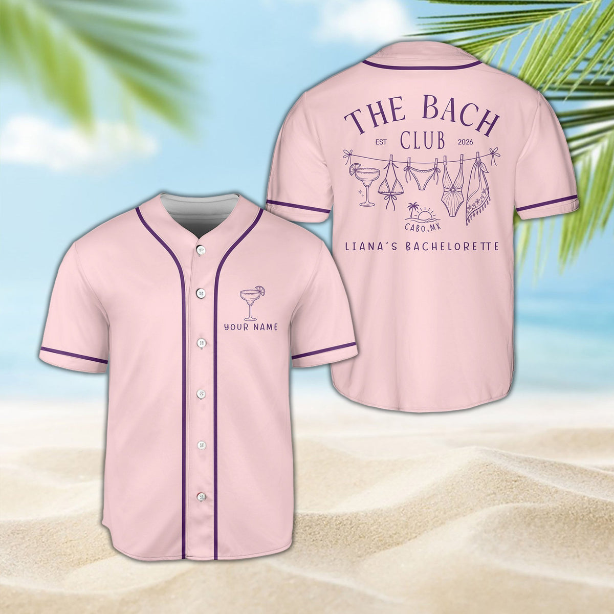 Front view of pink bachelorette baseball jersey with custom name