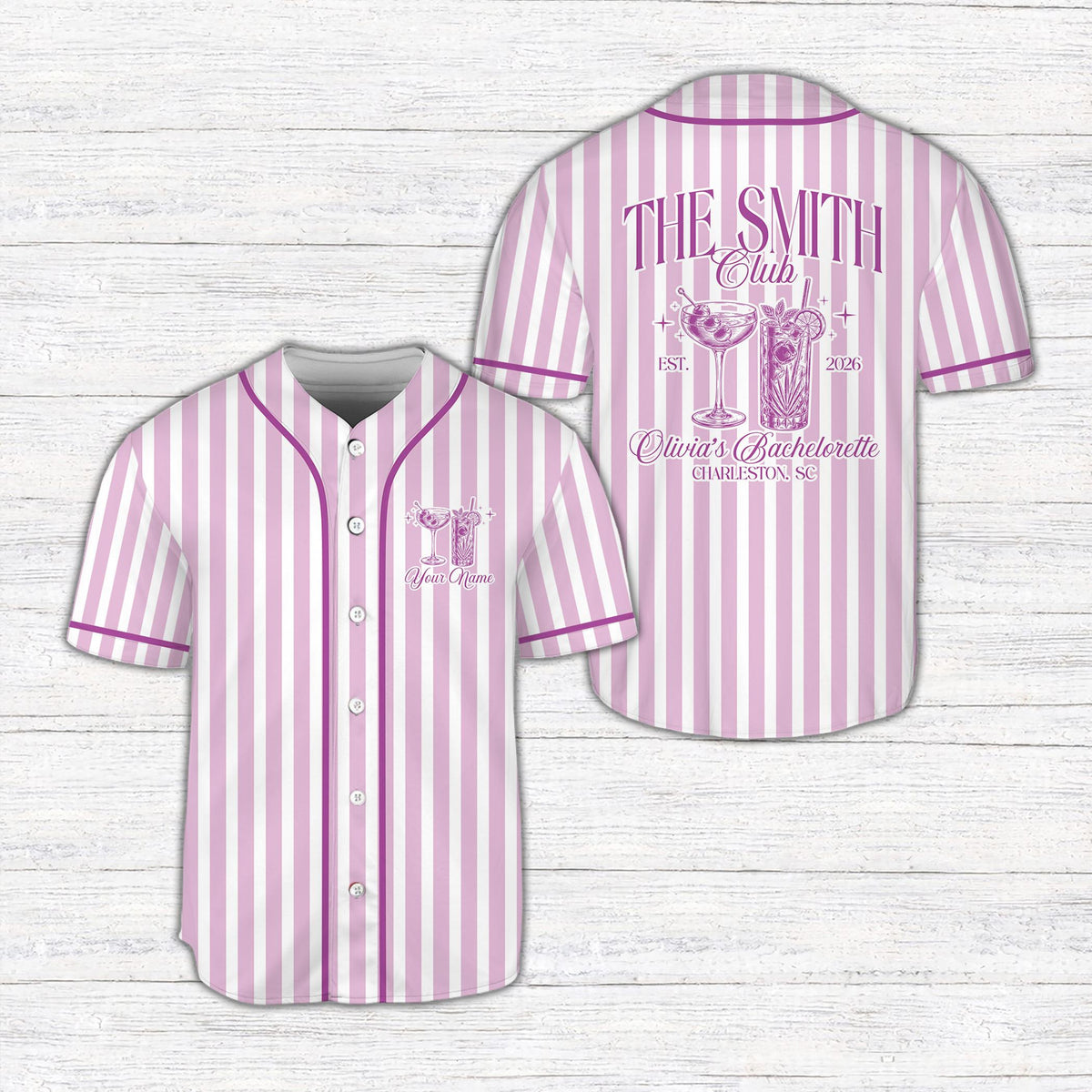 Purple custom text bachelorette baseball jersey, front view