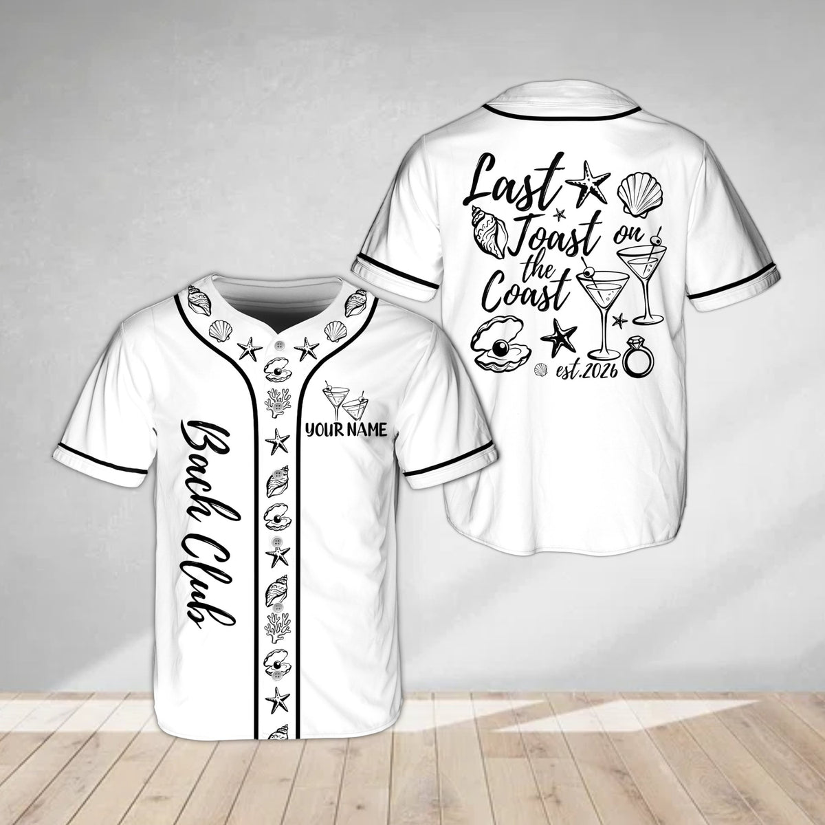 White beach baseball jersey with custom name, bachelorette bach club design, front view
