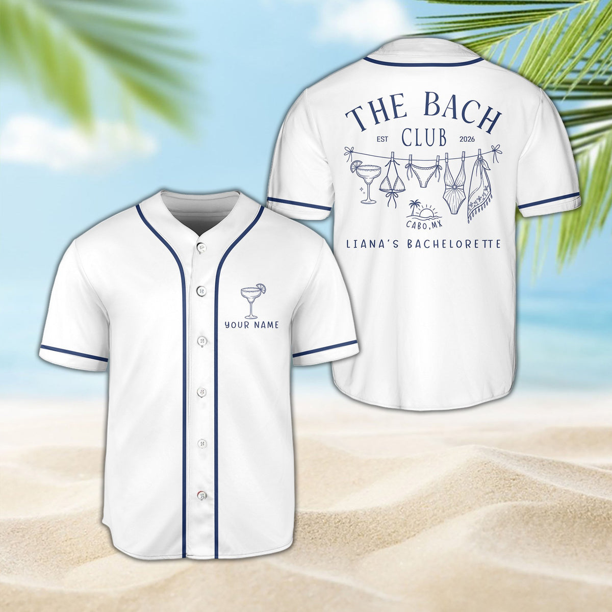 Main white bachelorette baseball jersey featuring custom name and clothesline design