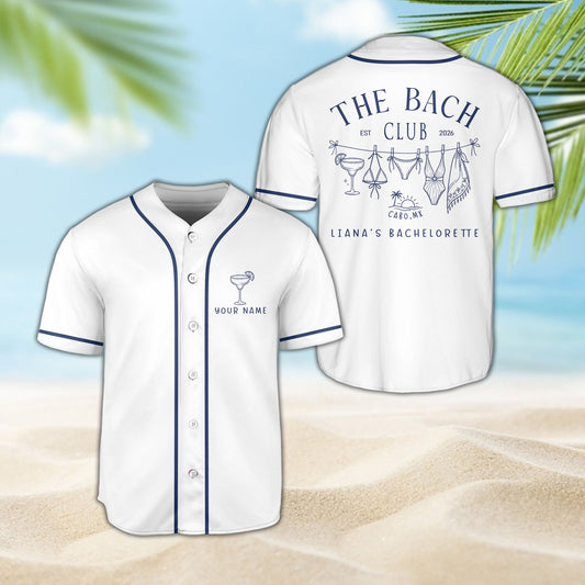 Main white bachelorette baseball jersey featuring custom name and clothesline design