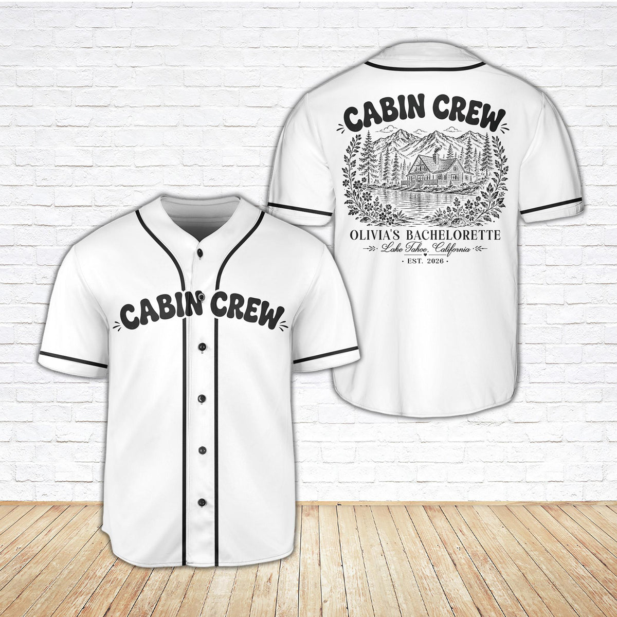 White personalized baseball jersey with Cabin Crew design, front view