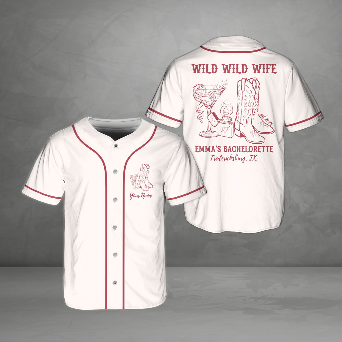White bachelorette baseball jersey with custom text front view