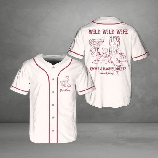 White bachelorette baseball jersey with custom text front view